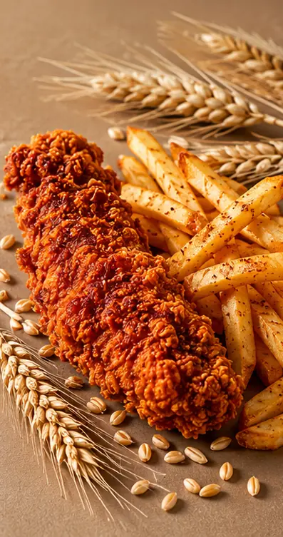 Illustrative breaded chicken with wheat; not a gluten-free certification