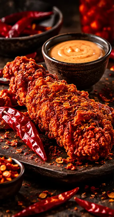 Illustrative spicy fried chicken and dipping sauce with chili peppers